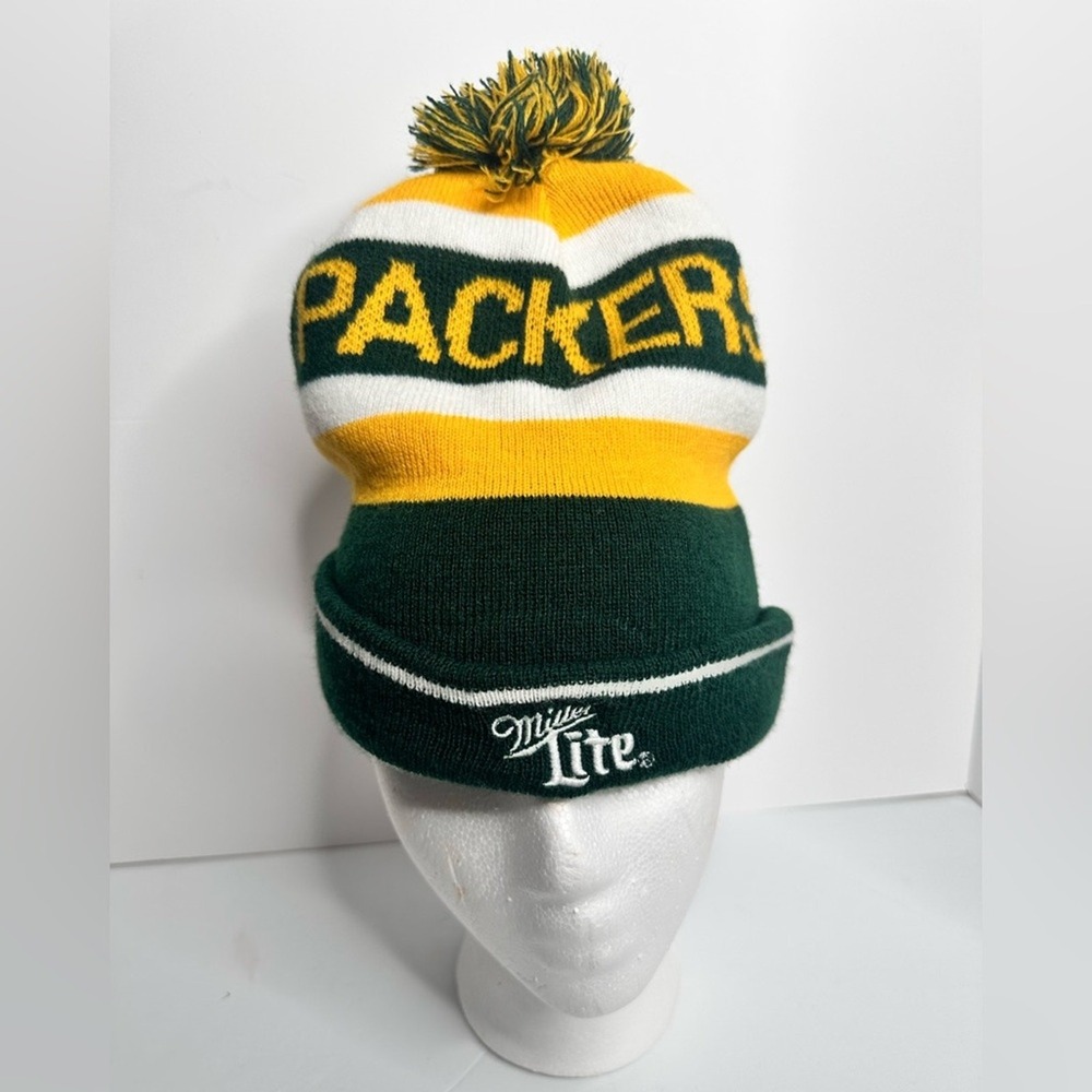 Green Bay Packers Miller Lite Knit Beanie Pom Pom Hat Green Gold Striped